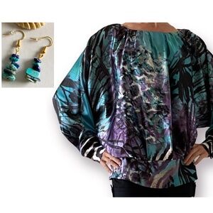 Vintage Y2K oversized blouse multicolor satin look size 38/M & Handmade Earrings